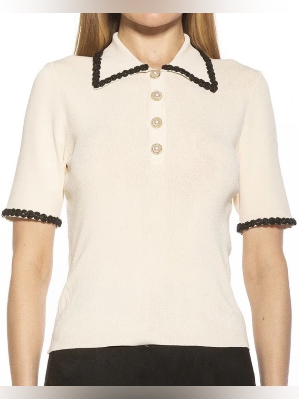 NWT Alexia Admor Brianna Cream Knit Top Sweater Black Metallic Trim Collar XL
